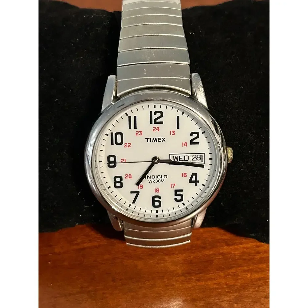 Timex Easy Reader Watch Silver Tone Expansion Band Military 24-Hour White Dial